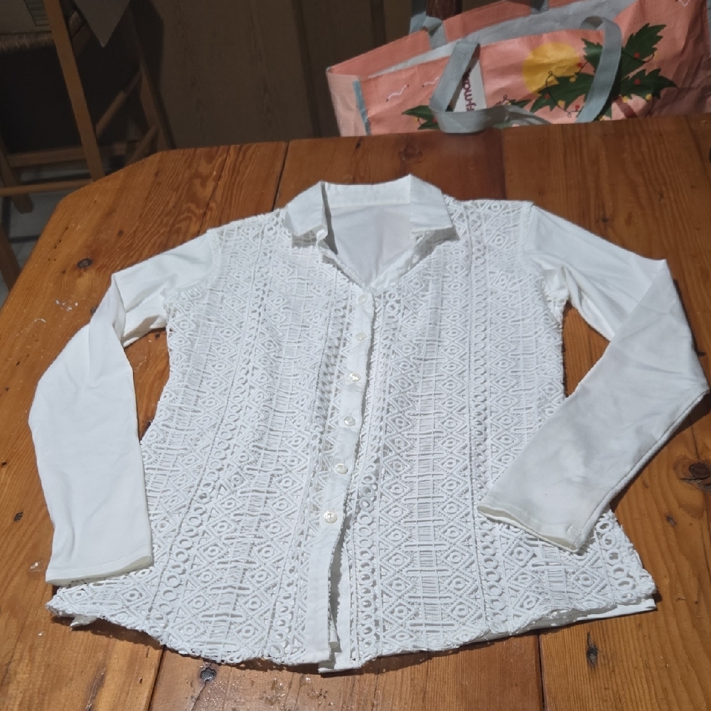 Jill Mcgowan Sz Xs Stunning White Lace Button-Up Shirt